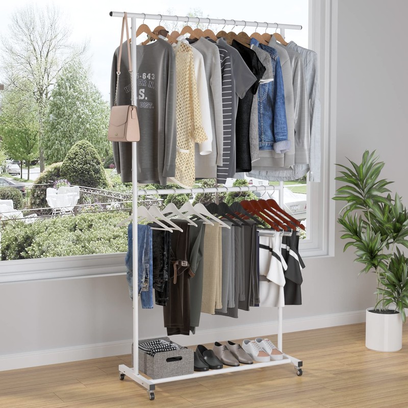 Sywhitta Double Rod Clothing Garment Rack, Rolling Clothes Organizer on