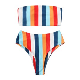 SweatyRocks Women's Bathing Suits Striped Bandeau Bikini high Waisted Swimsuits Swimwear Set, Multi-3, Medium