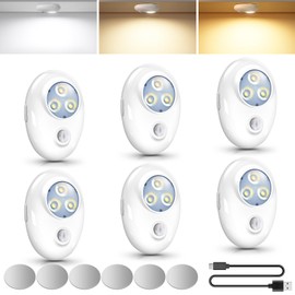 LED Motion Sensor Puck Lights 6 Pack, Rechargeable Night Light with 3 Color Temperatures, Dimmable Stair Light Indoor, Wireless Stick on Light for Cabinet, Closet, Kitchen, Stairway, Drawer, Shelf