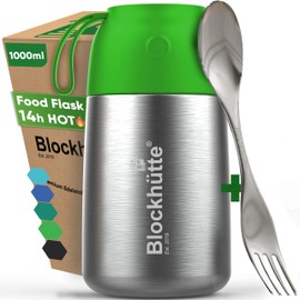 Blockhütte Stainless Steel Food Flasks for Hot Food Kids and Adults I 1l I Thermal Soup Flask with Spork I Vacuum Insulated Thermal Lunch Box To Go for 14h Hot Meals, BPA Free – Light Green