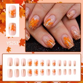 Short Fall Maple Leaves False Nails - Pink, Autumn Nude, Glitter Acrylic - Full Cover Thanksgiving Stick Ons for Women & Girls - DIY Nail Art