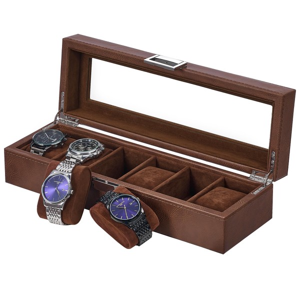 BEWISHOME Watch Box Organizer, 6 Slot Watch Case for Men Women,Faux Leather Watch Display Case with Real Glass Top,Brown SSH13Z