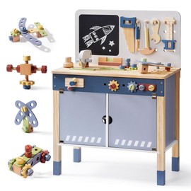 ROBOTIME Kids Tool Bench, Wooden Tool Workbench for Toddler, Tool Bench with Play Tools Set and Large Storage Space, Toy Workbench Workshop for Boys and Girls, Gift for Ages 3+