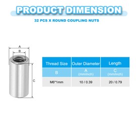 sourcing map Round Coupling Nuts, M6x1mm Female Thread 20mm(0.79") 304 Stainless Steel Rod Hardware Coupling Nuts, Pack of 32