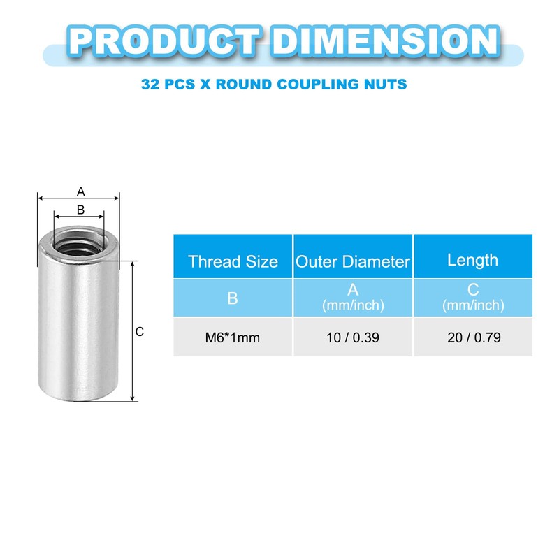sourcing map Round Coupling Nuts, M6x1mm Female Thread 20mm(0.79") 304