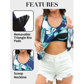 V FOR CITY Women's Summer Tropical Leaf XL Sundress with Built-in Bra, Navy, Above the Knee, Sleeveless, Racerback, A-line, Casual