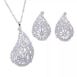 White Gold Set Rhodium Plated with Cubic Zirconia Pendant Necklace Earrings Jewelry Set.