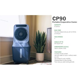 MasterCool CP90 3-Speed Indoor or Outdoor Portable Evaporative Cooler, 706 CFM with 6 Gallon Water Tank, 9 Hour Timer and coverage up to 650 sq. ft.