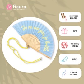 Fisura - Original handheld folding fan with message in french. wooden fan. Original holding Hand Fans. Fan with hanger included (Brille, blue)