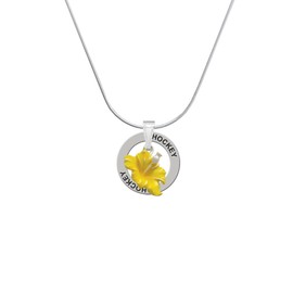 Delight Jewelry Silvertone Yellow Hibiscus Flower - Hockey Ring Charm Necklace, 18"