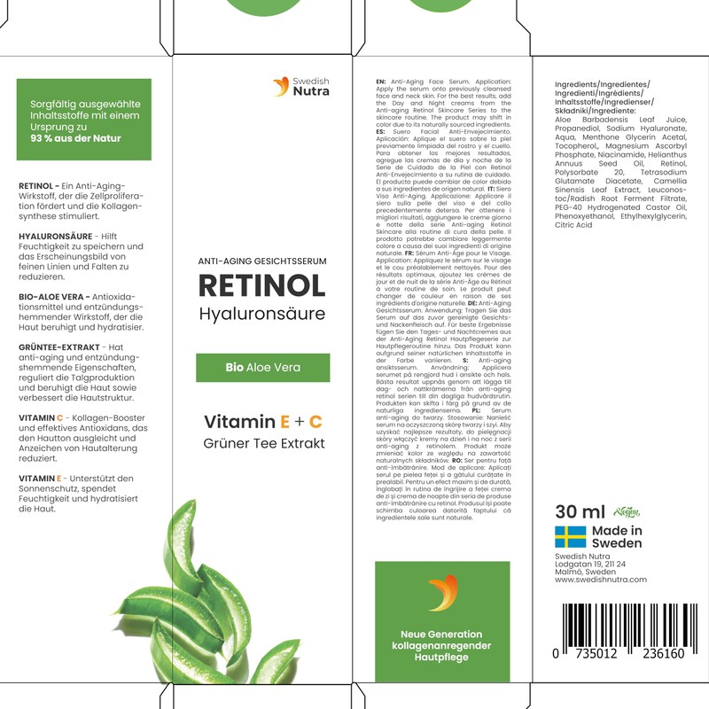 Swedish Nutra Anti-Ageing Retinol Serum, Smooth & Radiant Skin, Hyaluronic