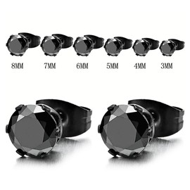 4MM Black Cubic Zirconia Mens Ladies Black Stud Earrings Stainless Steel, 1 Pair