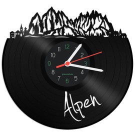 GRAVURZEILE Vinyl Record Clock - Skyline Alps - Wall Clock Made of Cast Vinyl with City Skyline - 30 cm - Upcycling Designer Clock - Modern Wall Clock in Retro Vintage Style - Made in Germany