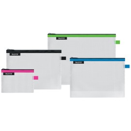 Leitz Set of 4 Leitz Wow Travel Pouches, Water Resistant, Translucent, Ideal for Visible Storage and Organisation, Sizes: Small (A6), Medium (A5), Large (A4) and Cosmetic - Assorted Colours 40160099