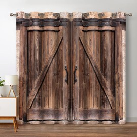 Jekeno Rustic Wood Blackout Curtains Vintage Wooden Barn Door Farmhouse Home Bedroom Living Room Decor Brown Grommet Window Drapes 2 Panel Set, 52"x63"