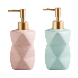 2-Pack Ceramic Nordic Style Soap Dispensers in Pink & Green | 380ml Refillable Liquid Pump Bottles | Textured Design with Gold Speckles | Elegant Bathroom & Kitchen Decor | Ideal for Soap & Lotion