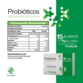 BC Labs, Probióticos, 5 billones por porción, 15 tipos diferentes de probióticos, 30 cápsulas.