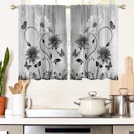 AAtter Black and White Floral Flower Window Curtains for Kitchen Abstract Gray Grey Leaf Small Short Home Living Room Bedroom Bathroom Drapes Treatment Tiers Fabric 1 Pair, 27.5" W x 39" L, Pretty