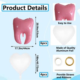 Xiuhusha Tooth Balloons, 10pcs Pink Tooth Foil Balloons Heart Balloons Tooth Birthday Party Decorations Mylar Balloons for Clinic Dentist Decoration Teeth Theme Party Decoration Baby Shower