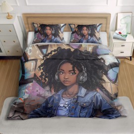 Reofrey 3-Piece Queen Comforter Set with African Women Cartoon Patterns - Queen Size Microfiber Bedding Set includes 90"x90" Comforter and 2 Pillowcases, All-Season Comfort, for Boys&Girls Room Decor…