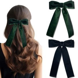 Jseng 2PCS Velvet Bow Hair Clips, Ribbon Bow Hair Clips for Women Green Black, Ponytail Holder Accessories Metal Clips Hair Bow for women Girls Teens