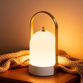 Tubicen Portable Lamp, Battery Operated Cordless Outdoor Table Lamps Rechargeable, 4-Level Touch Dimmable IP44 Shower Lamp, Night Light for Patio Camping Dining Room Bedroom (Brass White, Waterproof)