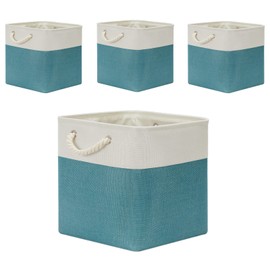 Temary Fabric Storage Baskets Set Of 4 Storage Cube 13x13 Baskets for Shelf, Large Storage Basket for Gift Empty Baskets for Organizing, Storage Bins Cube Basket for Storage (White&Teal)