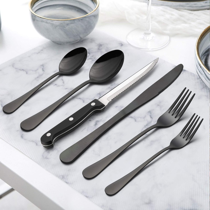LIANYU 36-Piece Black Silverware Set with Steak Knives, Stainless Steel