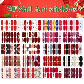 WOKOTO 20 Sheets Christmas Gel Nail Wraps for Women - Nail Art Stickers With Santa, Christmas Tree, Snowman, Snowflakes - Stick On Nail Polish Strips for Nail Art