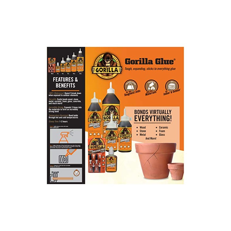 Gorilla Pegamento original Gorilla Glue, pegamento de poliuretano impermeable, botella