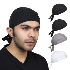 BISMAADH 4 Pack Cotton Doo Rags Helmet Liner Beanie Skull Caps Hats Dew Rags Bandana Headwrap Sweat Hard Hat for Men (Black Black White Grey)