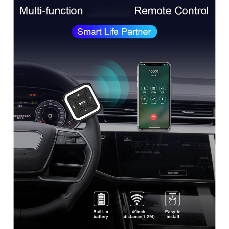 Bluetooth 5.0 Steering Wheel Media Button, Wireless Music Controller with
