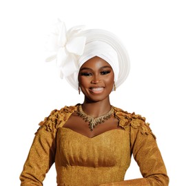 Elegant Polyester African Headscarf-Stretchable Traditional Nigerian Wedding Headpiece, Automatic Gurler Style Fan Headscarf (White)