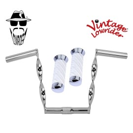 Vintage Lowrider Vtg Lowrider 9" Chrome Flat Twisted Handlebar 25.4mm & Velour Swirl White Grips.