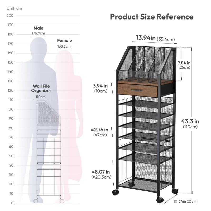 SWTYMIKI 9-Tier Rolling File Cart - Paper Organizer with Drawer
