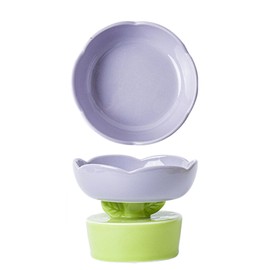 Ceramic Cat Food Bowl Cute Flower Shape Large Capacity Neck Spine Protection Raised Pet Food Bowl for Cats Dogs Pets Purple