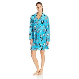 Sleep & Co Women's Plush Pajama Robe with French Bulldogs, Light Blue, Medium