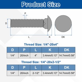 sourcing map 8Set Carriage Bolts and Nuts Kit, 1/4"-20x2-1/2", 1/4"-20x4" Stainless Steel 304 Round Head Square Neck Carriage Bolts Screws and Hex Nuts and Flat Washers, Silver