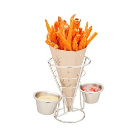 Restaurantware 4 x 5 Inch French Fries Stand 1 Fry Stand - With 2 Sauce Holders Dishwashable Silver Stainless Steel Cone Holder Stand For Snacks Appetizers Or Desserts