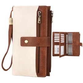 OMISTAR Women's RFID Blocking PU Leather Wallet, Trifold Clutch Purse with Wrist Strap, Multi-Compartment Credit Card Holder with Zipper Pockets for Cash, ID, Coins, Travel Essentials