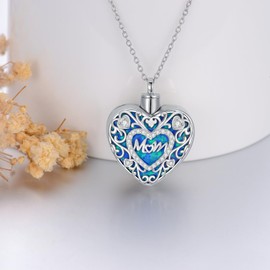 SOULMEET White Gold Carved Floral Design Heart-Shaped Cremation Urn Necklace for Mom Dad Ashes Women Men Dog Forever in my heart Jewelry in Memory Customized 9k 14K 18k Gold(Mom)