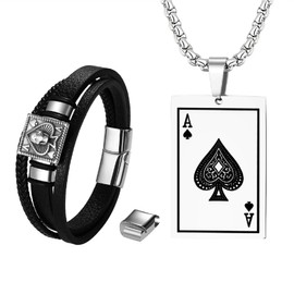 OIDEA Men's Necklace Bracelet Set, Stainless Steel Chain with Celtic Knot Cross Playing Card Pendant and Wide Bracelet Made of Real Leather, Gold Silver