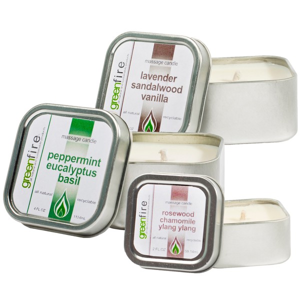 Greenfire All Natural Massage Oil Candles, Peppermint Eucalyptus Basil, Rosewood Chamomile Ylang Ylang, Lavender Sandalwood Vanilla, 2 X 4 Fluid Ounce and 1 X 2 Fluid Ounce, Set of 3