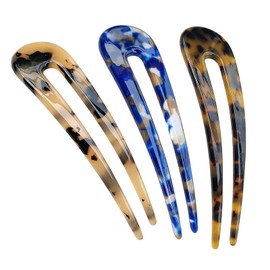 3 Pack French Hair Forks Tortoise Shell U Shape Updo Hair Pins Clips for Thin Thick Hair, 4.3 inch Classic Cellulose Acetate 2 Prong Bun Hair Sticks Women Vintage Hairstyle Accessories