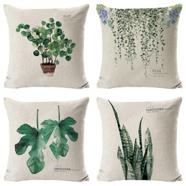 HIQE-FL Pack of 4 Cushion Covers, 45 x 45 cm, Green Decorative Cushion, Outdoor Cushion Cover, Linen, Sofa Cushion Cover, for Sofa, Bed, Car, Office, Cafe, Garden, Room, Boho Decor (Green Leaves)