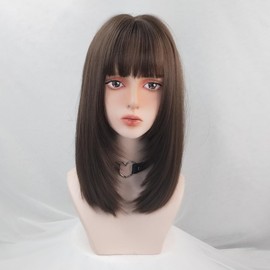 Generic Natural Cold Brown Short Bob Wigs for Women With Bangs Straight Synthetic Cosplay Party Wig For Girls Daily Use Wigs