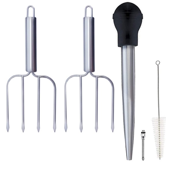 Stainless Steel Turkey Baster and Poultry Lifters Fork Set of 2. Food Grade Stainless Steel and Rubber. Dishwasher-Safe