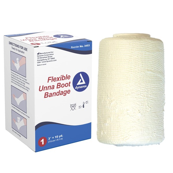 Dynarex Unna Boot Bandage, Individually Packaged, Provides Customized Compression as Treatment for Leg Ulcers with Zinc Oxide, Soft Cast, White, 3” x 10 yds, 1 Unna Boot Bandage