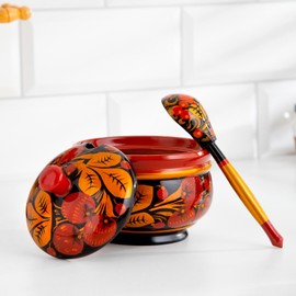 Hand-Painted Traditional Russian Khokhloma Sugar Bowl with Spoon, Multicolor