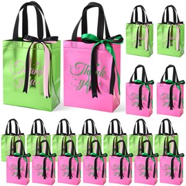 Paterr 20 Pcs Green and Pink Thank You Gift Bags with Handles and Ribbons Bulk Glossy Witchy Party Favors Bags for Witch Party Wedding Birthday Baby Shower Holiday Event Supplies Decorations